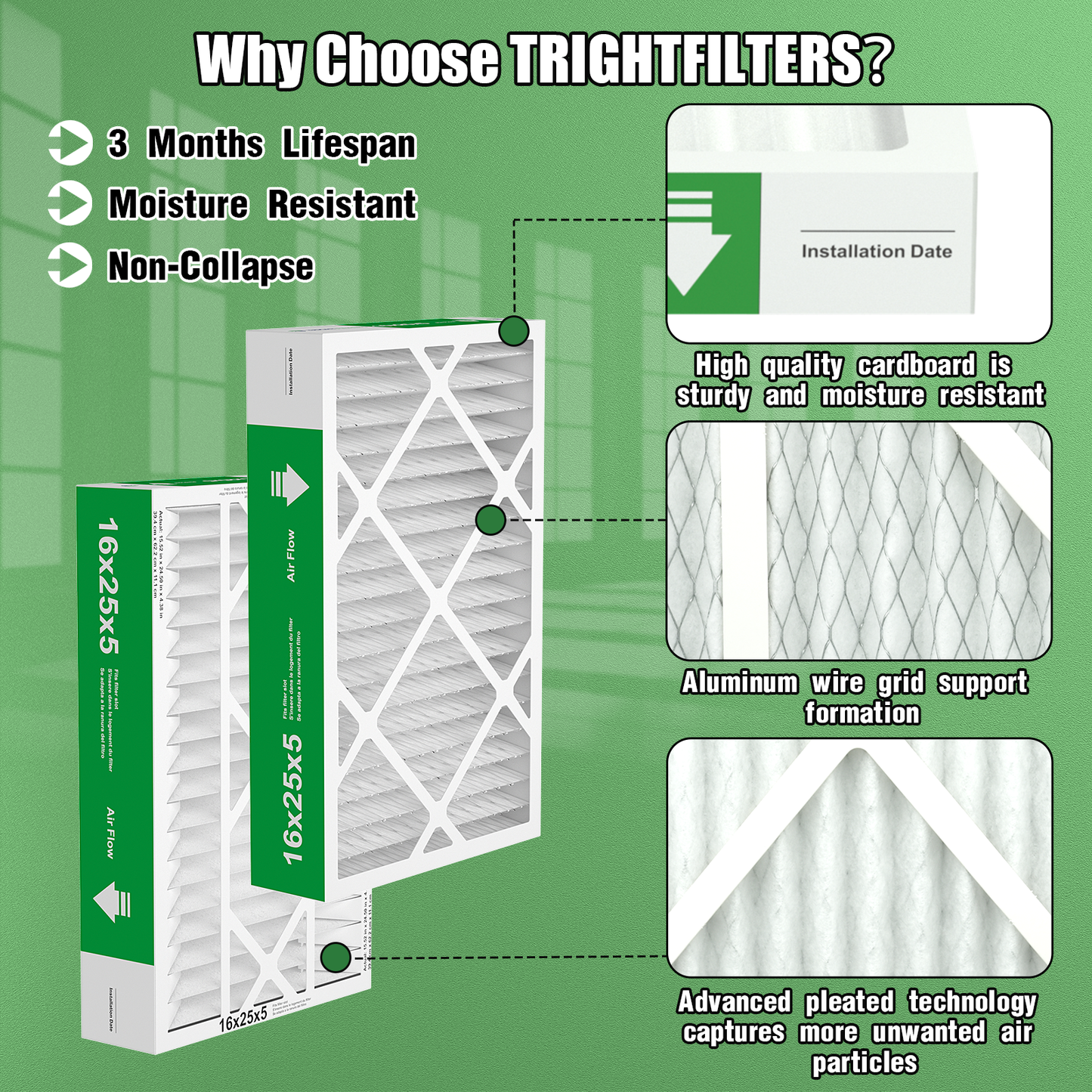 2 Pack of 16x25x5 Air Filter